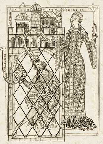 While in prison, Boethius communes with the Lady Sophia through dialectical interchange